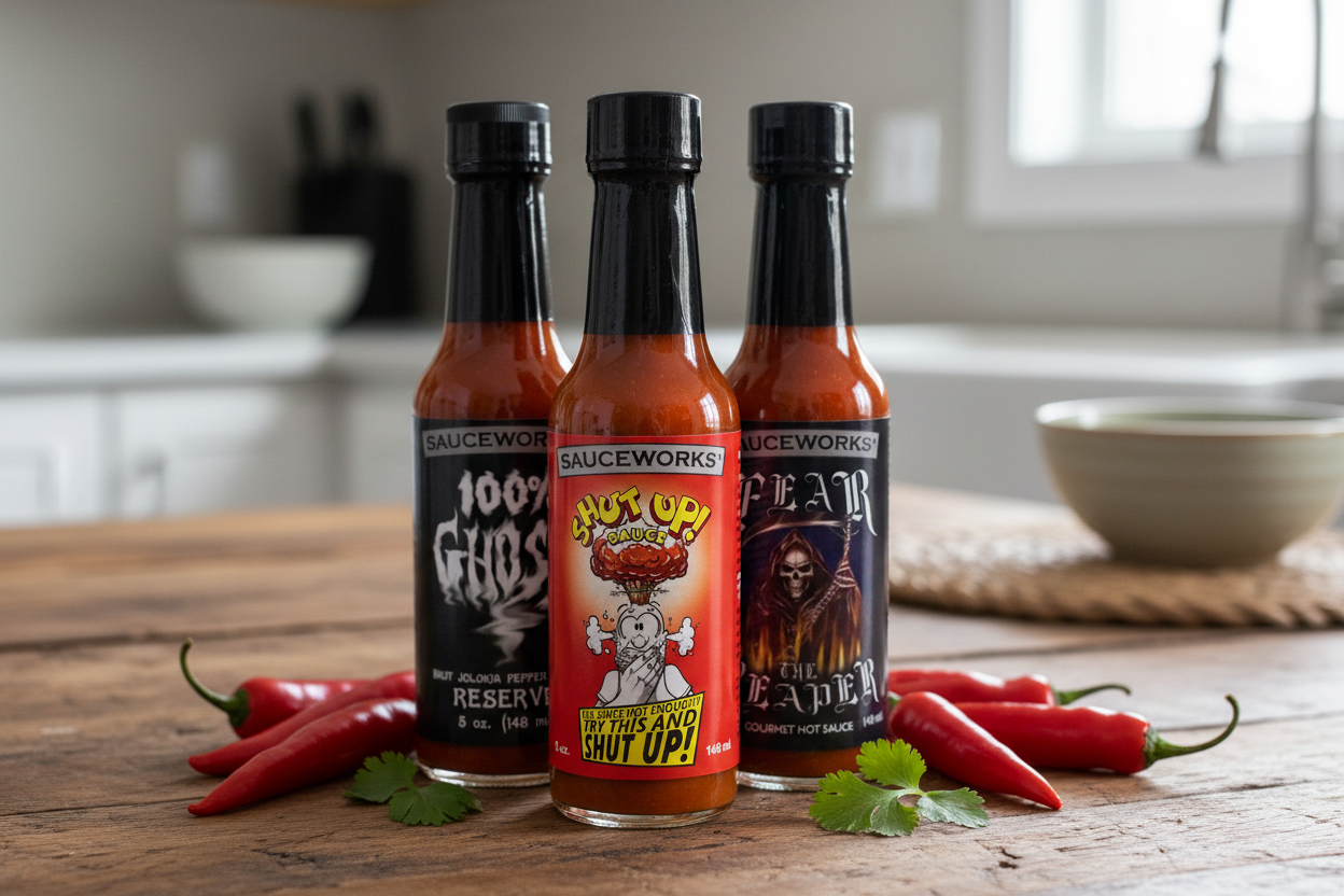 Three hot sauce bottles on kitchen table